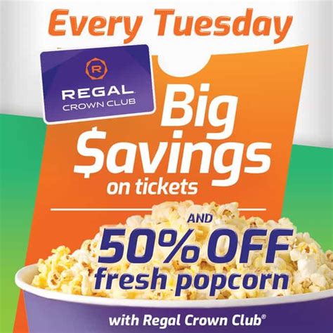 50 Off Popcorn every Tuesday with Regal Crown Club 9 uses today Get Deal See Details 25 Off SALE 25 Off Candy Every Monday for Crown club members 2 uses today Get Deal See Details Top Coupons and Codes for Similar Stores SALE AMC 30 Off Tickets Every Day 316 uses today Get Deal See Details DEAL Carl&x27;s Jr. . Regal discount tuesday